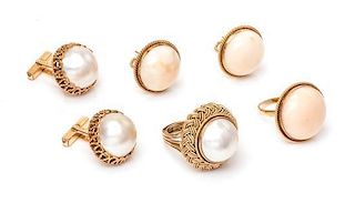 A Collection of 14 Karat Gold, Angel Skin Coral and Mabe Pearl Jewelry, 38.10 dwts.