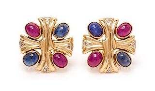 A Pair of 14 Karat Yellow Gold, Sapphire, Ruby and Diamond Earclips, 12.80 dwts.