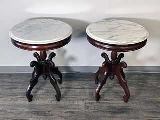 VICTORIAN-STYLE LAMP TABLES, ITALIAN MARBLE TOPS