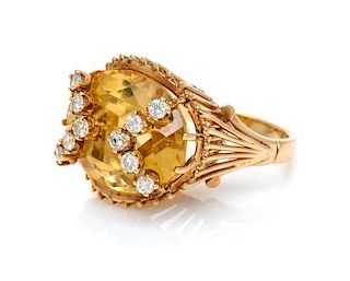 A Yellow Gold, Citrine and Diamond Ring, 7.80 dwts.