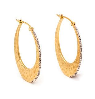 A Pair of 14 Karat Yellow Gold and Diamond Hoop Earrings, 4.40 dwts.
