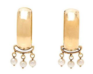 * A Pair of 14 Karat Yellow Gold Hoop and Cultured Pearl Earclips, 9.90 dwts.