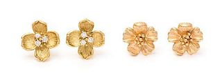 A Collection of Yellow Gold Dogwood Motif Earclips, 11.70 dwts.