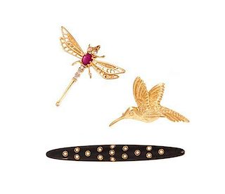 * A Collection of Yellow Gold and Multigem Brooches, 7.10 dwts.
