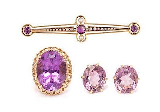 A Collection of 14 Karat Yellow Gold and Amethyst Jewelry, 12.20 dwts.