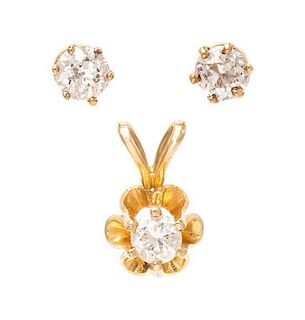 A Pair of Yellow Gold and Diamond Stud Earrings and Diamond Pendant, 1.10 dwts.