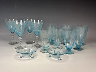 CENTRAL GLASS WORKS MARVIN BLUE ETCHED FAIRY GLASSES