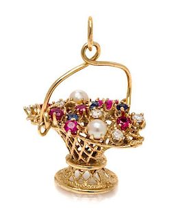 * A 14 Karat Yellow Gold, Synthetic Gemstone, Diamond and Cultured Pearl Flower Basket Charm Pendant, 4.80 dwts.