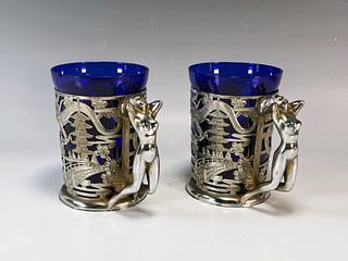 SET OF 2 COBALT BLUE GLASS TANKARD MUGS