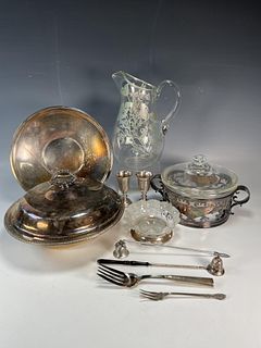 SILVERPLATE & GLASS SERVING PIECES, 2 STERLING FORKS GORHAM