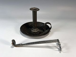 EARLY ANTIQUE TIN PUSH UP CANDLESTICK W YANKEE CANDLE BRAND CANDLE SNUFFER 