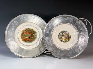 TWO FARBERWARE HAMMERED ALUMINUM TRAYS WITH PLATE INSERTS