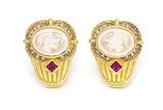 A Pair of 18 Karat Yellow Gold, Mother-of-Pearl, Diamond and Ruby Earclips, Kanaris, 21.40 dwts.