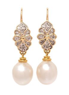 A Pair of 18 Karat Yellow Gold, Cultured Pearl and Diamond Drop Earrings, Barry Brinker, 6.10 dwts.