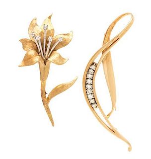 A Collection of Yellow Gold and Diamond Brooches, 13.10 dwts.