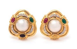A Pair of 14 Karat Yellow Gold, Mabe Pearl, Ruby, Sapphire, Emerald and Diamond Earclips, 9.10 dwts.