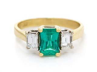 An 18 Karat Yellow Gold, Emerald and Diamond Ring, 2.60 dwts.