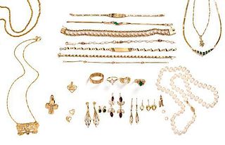 A Collection of Yellow Gold Jewelry, 73.10 dwts. (excluding pearl strand and pearl earrings).