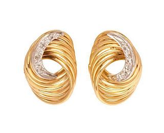 A Pair of Yellow Gold and Diamond Earrings, 2.00 dwts.