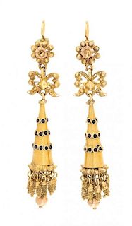 A Pair of Victorian Yellow Gold and Enamel Pendant Earrings, 4.75 dwts.