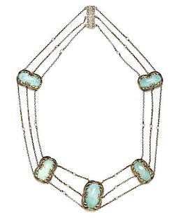 An Art Nouveau Yellow Gold, Turquoise and Seed Pearl Swag Necklace, 30.30 dwts.