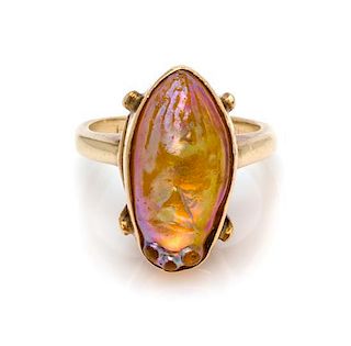 A Yellow Gold and Iridescent Glass Scarab Ring, Circa 1900, 3.50 dwts.