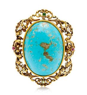 An Art Nouveau Yellow Gold, Turquoise, Diamond, Demantoid Garnet, and Ruby Brooch, 23.50 dwts.
