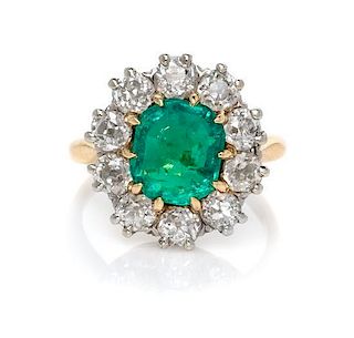 An Edwardian Bicolor Gold, Emerald and Diamond Ring, 2.70 dwts.