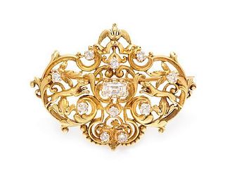 An Art Nouveau 18 Karat Yellow Gold and Diamond Brooch, 10.70 dwts.