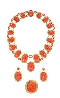 * A Victorian Yellow Gold and Coral Cameo Demi Parure, 55.60 dwts.