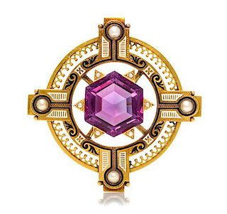 A Victorian Yellow Gold, Amethyst, Seed Pearl and Polychrome Enamel Brooch, 14.40 dwts.