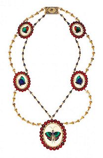 A Yellow Gold, Polychrome Enamel and Multigem Butterfly Motif Pietra Dura Swag Necklace, 26.90 dwts.