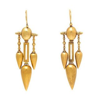 A Pair of Etruscan Revival Yellow Gold Pendant Earrings, 9.70 dwts.