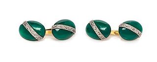 * A Pair of Edwardian Yellow Gold, Platinum, Green Chalcedony, and Diamond Cufflinks, 5.40 dwts.