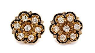 A Pair of 18 Karat Yellow Gold, Enamel and Diamond Earclips, 9.40 dwts.