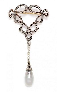 An Edwardian Silver Topped Gold, Natural Pearl and Diamond Pendant/Brooch, 6.40 dwts.