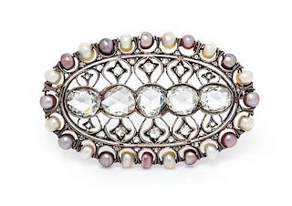 * A Victorian Silver, Diamond and Multicolor Pearl Brooch, 3.70 dwts.