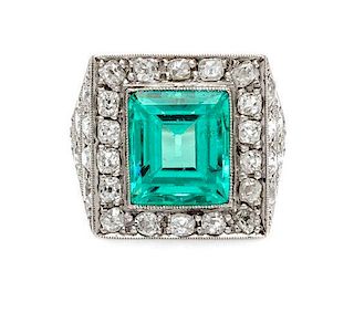 An Art Deco Platinum, Emerald, and Diamond Ring, 4.80 dwts.