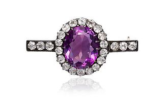 A Victorian Silver Topped Gold, Amethyst and Diamond Bar Brooch, Austro-Hungarian, 6.00 dwts.