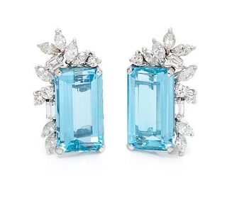 * A Pair of Platinum, Aquamarine and Diamond Earrings, 6.60 dwts.