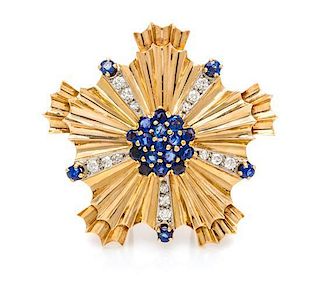 * A Retro Yellow Gold, Platinum, Sapphire and Diamond Brooch, 10.50 dwts.
