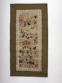 ANTIQUE CHINESE SILK EMBROIDERY OF 100 BOYS - AUSPICIOUS MULTICOLORED ART ON YELLOW BACKGROUND, 13X25 INCHES