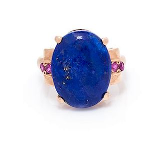 A Retro Rose Gold, Lapis Lazuli and Ruby Ring, 2.70 dwts.
