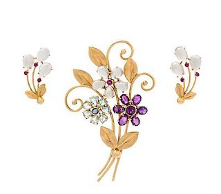 * A Retro Yellow Gold and Multigem Floral Motif Brooch, Tiffany & Co., 20.80 dwts.