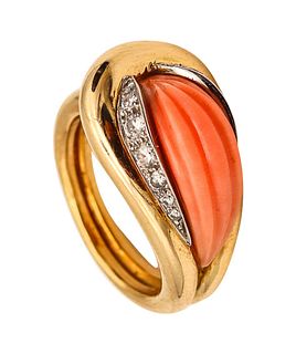 Mauboussin 1970 Paris Fluted Coral Ring In 18Kt Gold With 4.35 Ctw Diamonds And Coral