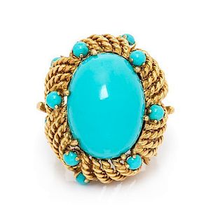 An 18 Karat Yellow Gold and Turquoise Ring, Italian, 13.40 dwts.