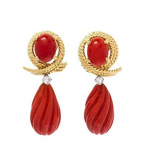 A Pair of Yellow Gold, Coral and Diamond Pendant Earrings, 6.80 dwts.