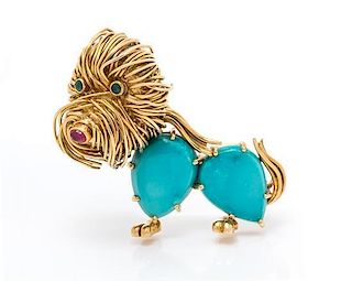 An 18 Karat Yellow Gold, Turquoise, Ruby and Emerald Dog Brooch, Van Cleef & Arpels, Circa 1960, 12.70 dwts.