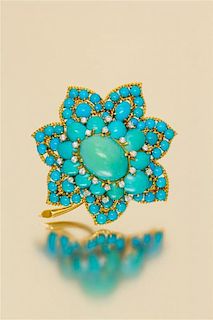 An 18 Karat Yellow Gold, Turquoise and Diamond Brooch, Van Cleef and Arpels, Circa 1960, 32.80 dwts.