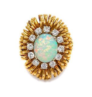 A Yellow Gold, Opal and Diamond Ring, 10.80 dwts.